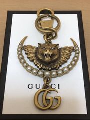 GUCCI グッチ クリスタルアイ タイガーヘッドキーリング チャーム GG イミテーションパール ゴールド　FK