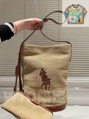 【今日WTO】Ralph Lauren Raffia Woven Bucket Bag ～ラフィア編み バケツバッグ × 牛革～-WTO輸入2-NKB78