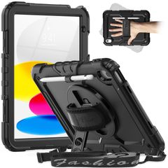 【人気商品】全面保護カバー 11世代/10世代 iPad iPad 10.9インチ ゴム製 耐久性 (ブラック)（適格請求書発行可能） 頑丈 ショルダーベルト付き ハンドストラップ ペン収納 保護フィルム 360°回転スタンド 耐衝撃 （2025、A16） ケ