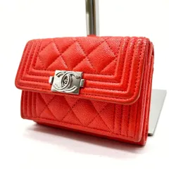【希少】 CHANEL シャネル 三つ折り 財布 コンパクトウォレット ボーイシャネル ココマーク キルティング シルバー金具 ロゴ型押し 小銭入れ カードケース 定期入れ キャビアスキン レディース レッド 赤色