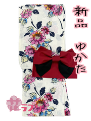 LY1060CR　«花ラブリ»　新品　レディース　浴衣単品　ゆかた　キスミス　白　ホワイト　ピンク　花　はな　ひまわり？　向日葵？　和風　和柄　和装　和服