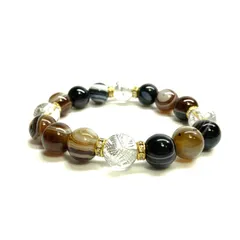 12mm 四神獣銀彫水晶×チベットアゲート（天眼石） パワーストーン ブレスレット天然石 運気上昇 金運 ギャンブル運 お守り （ゴールド）メンズ・レディース　男性・女性　数珠ブレス　開運   [6]