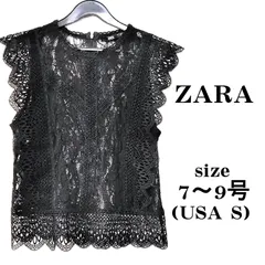 【美品】ZARA　ノースリーブトップス　黒　レーストップス　レースブラウス　フリルタンクトップ　ショート丈トップス　シースルーブラウス　サイズ7～9号　USA  Sサイズ　　丸首タンク　バックファスナー　ブラック　華やか　上品