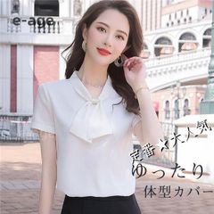 半袖シャツ Tシャツ レディース フリル リボンネック ブラウス 春 夏新作 トップス 通勤 体型カバー 細身フォーマル