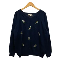グローブ grove ニット セーター Vネック 刺繍 花柄 長袖 M 紺 ネイビー 桃 ピンク 緑 グリーン 白 ホワイト レディース