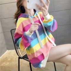 韓国 レディース 虹色 レインボー カラフル ボーダー パーカー 冬 人気