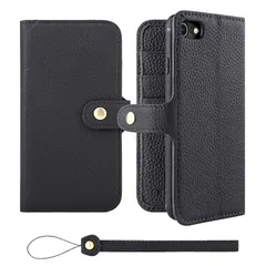 【新品】 HANATORA iPhone8 7 SE3 SE2 (第3世代 第2世代) ケース 手帳型 本革 スマホケース スマホ スタンド ストラップ 付き シュリンクカーフレザー ギフト ベルトあり マグネットなし ブラック H0XB-8SE-Blac 1