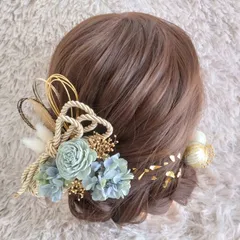 ヘッドドレス 髪飾り＊結婚式 成人式 卒業式 和装 打掛 振袖 袴~ソラローズ 和玉 ロープ 水引 金箔~ブルー 青 水色 15本