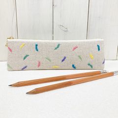 細型ペンケース【カラフル羽たくさん】　刺し子・綿麻・コットン