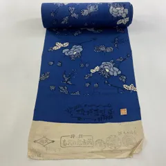 反物 秀品 小紋 落款有 草花 鳥 縮緬 藍色 正絹 【中古】