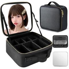 【人気商品】Mirasizuku 鏡付きコスメボックス 大容量 コスメ収納 メイクボックス 持ち運び メイクポーチ プロ用 化粧品収納ボックス プロ仕様メイクボックス 化粧ポーチ PUレザー防水 自立式 置き方調整可能 美容師 通勤 出張 旅行 外出用