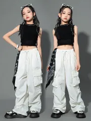 3点セット へそ出し トップス キッズ ダンス衣装 カーゴパンツ ヒップホップ Tシャツ シャツ 衣装 ジュニア ズボン K-POP ガールズ JAZZ セットアップ 半袖 白 チアダンスのサムネイル