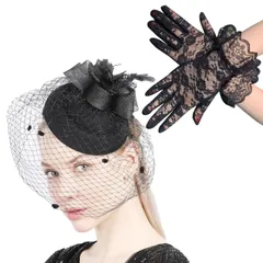 ［ルクシア フィル］ カクテル ハット 帽子 トーク帽 ブライダル ウェディング レディース ヘッドドレス ヘアアクセサリー 髪飾り レース手袋 セット ブラック ロリータ リボン りぼん 大きい 黒 レース 手袋Aタイプ メッシュ [ブラック 手袋タイプA]