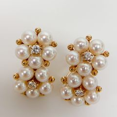 【中古】【セールSALE】 MIKIMOTO ミキモト K18刻印 ベビーパール ダイヤモンド 両耳 フープ ピアス イエローゴールド