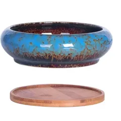 新品 Facecolor 多肉植物鉢 盆栽鉢 釉掛け モダンな盆栽ポット おしゃれ和風陶器植木鉢 釉薬プランター サボテン鉢 円形 外径18.5CM 内径15CM 高さ6CM 底穴あり 受け皿付き 鉢底ネット付き 浅い 盆栽 プランター 屋内および屋外での使用