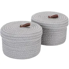 【新品】 Sea Team ２点セット コットンロープバスケット 収納バスケット メイクアップ収納 化粧箱 ボックス かご ふたつき インテリア ナチュラル 小物入れ 靴下パンツ収納 円形 装飾用 おしゃれ かわいい (グレー 17×17×13cm) 0