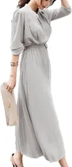 Four leaf 上品 プリーツ ロング ワンピース レディース 長袖 きれいめ ハイウエスト ドレス ロングワンピ フォーマル セミフォーマル リボン ロング丈 大きいサイズ(グレー,  L)