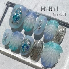 ネイルチップ マーメイド シェル 貝殻 貝 水色 青 グラデーション うるうる ちゅるん