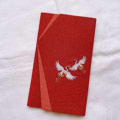新品 未使用 ふくさ  袱紗 赤 オレンジ バイカラー 鶴 刺繍 金封ふくさ