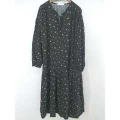 ◇ AMERICAN HOLIC フラワー Vネック 長袖 膝下丈 ワンピース サイズF ブラック アイボリー系 マルチ レディース P  【中古】 【1208240003105】