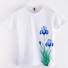 手描きカキツバタ柄Tシャツ レディース ホワイト 燕子花 花柄 春 和風 和柄