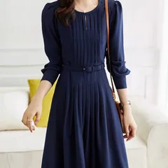 スカート ワンピース ドレス レディース プリーツスカート ロングスカート ミモレ 長袖 ラウンドネック 襟なし スリム Aライン スマート ベルト ウエストマーク ハイウエスト 薄手 かわいい 大人可愛い きれいめ シンプル 上品 おしゃれ レトロ アジアン