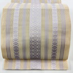名古屋帯 秀品 夏帯 トンネル仕立て 間道 幾何学模様 クリーム 正絹 【中古】
