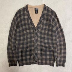 【STUSSY】ステューシー　　00s　カーディガン　L　ウールコットン　チェック柄　ブラウン、ベージュ、グレー