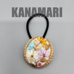 [045]インド刺繍リボンのヘアゴム（白系）4cmくるみボタン、ハンドメイド、ヘアアクセサリー