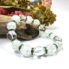 クラック水晶&水晶 パワーストーン ブレスレット 天然石 12mm （グリーン）メンズ・レディース 男性・女性 数珠ブレス 開運  [a]