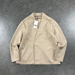 新品 未使用 ZARA ザラ レザー調 スエード ノーカラージャケット 変形 デザイン ストレッチ タグ付き ベージュ メンズ USA L