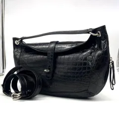 美品<!-利用不可文字-!>ショルダーバッグ ハンドバッグ 2way 本クロコダイル ワニ マット加工 フォーマル ブラック