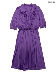 古着 カシュクール フリル リボン ベルト付き 無地 ロング丈 5分袖 ワンピース 紫 (otu2408104)