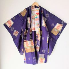 Japanese Vintage Haori Long Meisen Purple Irogami pattern Silk Kimono Gown Old-ⅽloth 長羽織 羽織 正絹 銘仙 紫 色紙文 古布 時代布 一点物 大正浪漫 和洋折衷