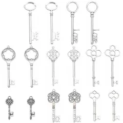 SUNNYCLUE 16個8種 鍵 チャーム カギ チャーム かぎ チャーム キー パーツ 魔法の鍵 ピアス 鍵形 イヤリング キーオーナメント ネックレス ミックス アンティークシルバー 合金 チャーム アンティーク調 チベット風 チャーム アクセサリー パ