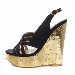 イヴサンローラン YVES SAINT LAURENT サンダル ウェッジソール ストラップ 35 22㎝ 黒 ブラック ゴールド /BM