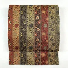 たんす屋 TANSU-YA 中古 リユース帯 名古屋帯 黄 黒 赤 カジュアル 織り 花間道文様 絹 未洗い MS4189