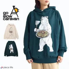 go slow caravan ゴースローキャラバン トップス パーカー プルオーバー 空紡糸裏毛 お好み焼きクマ プルパーカー メンズ レディース ユニセックス 長袖 綿 ホワイト グリーン M L XL 332607