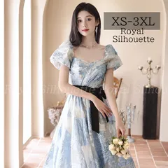 パーティードレス ナイトドレス ブルー 青 水色 花柄 ドレス パフスリーブ 花 フラワー 透け感 結婚式 大きいサイズ 謝恩会 XS S M L XL LL 2XL XXL 3XL XXXL パーティー 紐タイプ 姫系 発表会 ロング丈 プリンセス 豪華