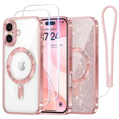 Meifigno ケース iPhone 16 6.1インチ用 [MagSafe対応] [スクリーンプロテクター2枚] [グリッターカード&リストストラップ] サラウンドレンズ保護 iPhone 16 ケース用 ローズゴールド 1