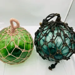 【❗️✨レトロマリン装飾✨❗️】ビンテージ漁具✨ガラス製浮き玉2個セット✨ グリーン＆ブルー ✨吊りインテリア❗️