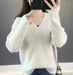 ニットセーター レディース 秋冬 40代 トップス 長袖 厚手 ニットソー 無地 vネック 韓国風 ショート丈 ニットトップス ゆったり セーター 通勤 着痩せ 4色#cupload90477