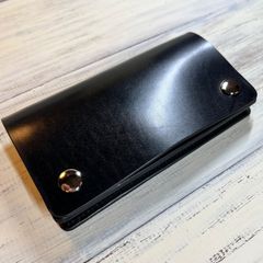 【トラッカーウォレット ロング 2層】 ブラック 本革 ハンドメイド シルバー