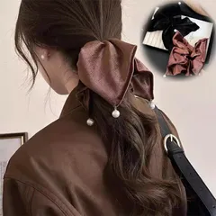 パール付き スクエア型ベロアシュシュ ブラウン 上品 光沢 ヘアシュシュ ボリューム シンプル 大人カジュアル ヘアアクセサリー 【送料無料】 240000-03