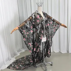 チュール打掛　着物　オーバードレス　レース羽織　ウエディングドレス　お色直し うす衣 花嫁和装 色打掛 　黒地に鶴柄の色打掛