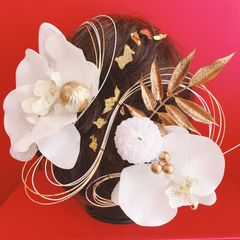胡蝶蘭☆和玉☆かすみ草☆成人式髪飾り☆結婚式髪飾り☆水引髪飾り☆金箔☆和装☆お呼ばれ☆ドレス☆白無垢ヘア☆卒業式髪飾り☆