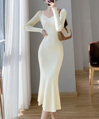 ニットワンピース ロングマーメイドワンピ ボディコンワンピース 韓国 リブワンピース長袖 ペンタゴンネック 裾フレア