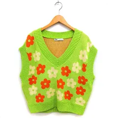 ザラ ZARA ニット ベスト リブ Vネック コットン混 花柄 S イエローグリーン /NT29