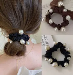 [VOKLLIYU] ヘアゴム シュシュ パール髪ゴム 2個セット ヘアリング 真珠光沢とリボン装飾 大人 シュシュ おしゃれ 髪留め ヘアアクセサリー エレガント 普段使い 通勤 デート おしゃれ （黒+褐）