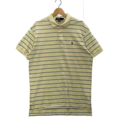 90's vintage Polo by Ralph Lauren ポロバイラルフローレン ボーダー柄 ポニー刺繡 半袖 ポロシャツ ボタンダウン ワンポイントロゴ刺繡 オーバーサイズ ビッグサイズ USA製 XLサイズ イエロー ライトブルー